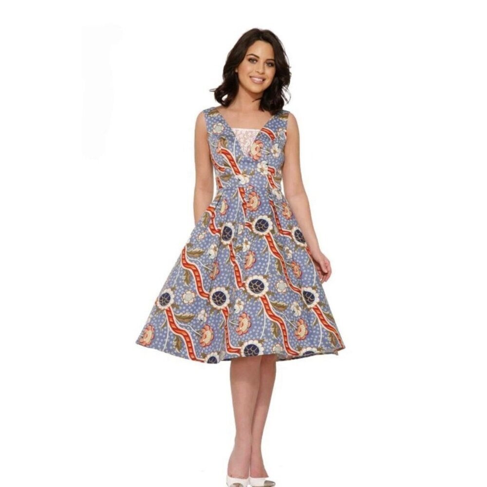 NWT Hearts & Roses SZ 12 Dress Blue Floral Retro 50s Rockabilly Swing Pin Up